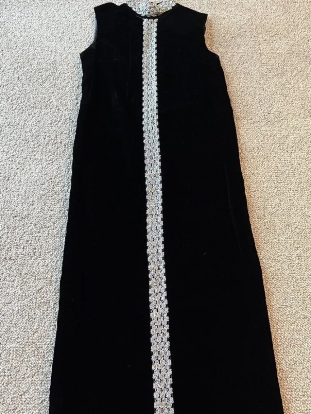 Vintage 70s Black Velvet Column Dress Silver Beaded Mod Evening Gown Glam Chic - Picture 2 of 14